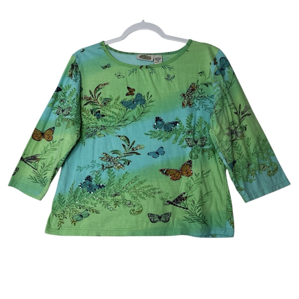 Collections Etc Top Women Medium Floral Sequin Spring Blouse Artsy Butterfly